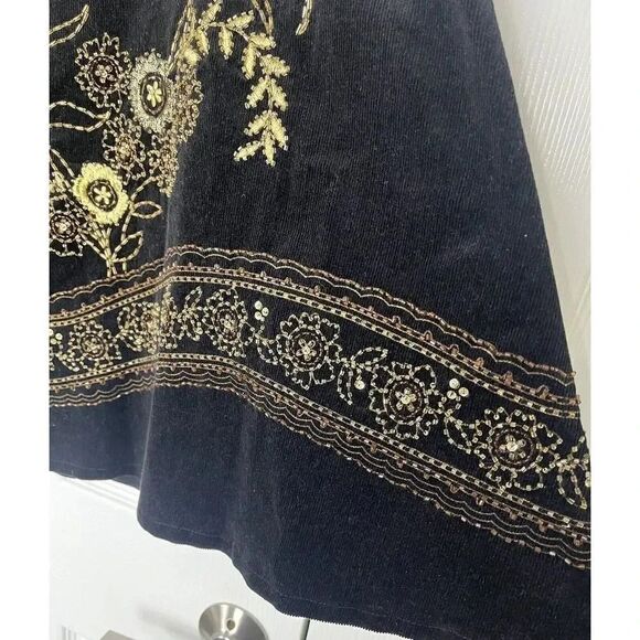 Willi Smith Black Cords Corduroy Gold Floral Embroidered Swing Full Skirt 10 - Picture 5 of 8